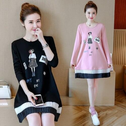 Pregnant Womens Spring and Autumn Mid-length Loose Pregnant Womens T-shirt Dress Pregnant Womens Fashion Mom
