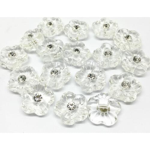 200pcs 15mm Transparent Clear Flower Buttons With Rhinestone Diamante Diamond Centre Sewing Button