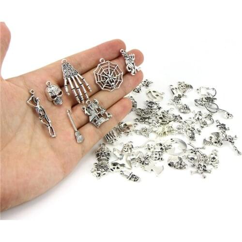 20pcs/lot Random Mix Halloween Charms Lot Metal Alloy Skeleton Skull Charms Pendants For Bracelet Findings Jewelry Accessories