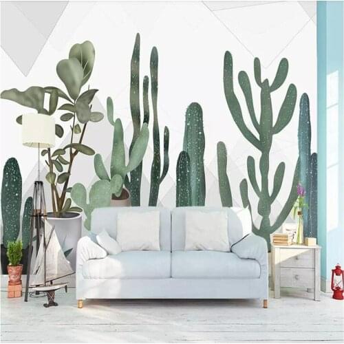 Nordic small fresh hand-painted cactus geometric living room TV background wall manufacturers wholesale wallpaper mural custom p