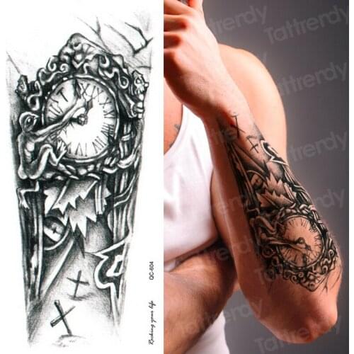 Horror clock temporary tattoo stickers Waterproof male tattoos Robot arm series cool men body art skull tatoo dragon totem tatto