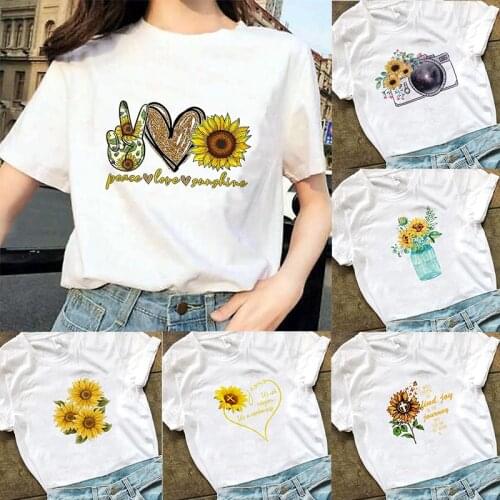 Women Sunflower Peace Love Sunshine Printed Tshirt Tops Girls Harajuku Casual 90s T Shirt Fashion Female T-Shirts Graphics Tees