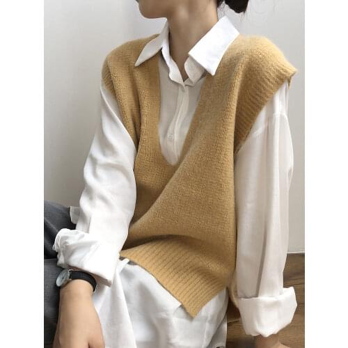 CamKemsey Korean Solid Basic Knitted Vest Women Leisure V-Neck Autumn Loose Soft Knitted Sweater Vest