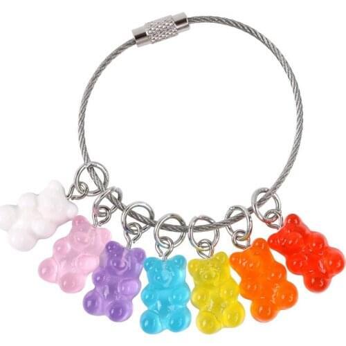 12PC Cute Girl Candy Color Tiny Resin Bear Charm Keychain Women Stainless Steel Key Chain On Bag Car Trinket Female Jewelry Gift