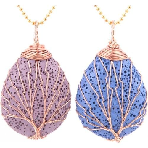 2019 Gold Color Tree of Life Wire Wrap Water Drop Necklace & Pendant Reiki Natural Gem Stone Purple Blue Lava Volcanic Jewelry