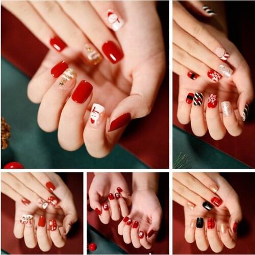 24Pcs/Set Christmas Eements Printed Fake Nails DIY Slider Glue Type Removable Short Paragraph Fashion Manicure False Nail