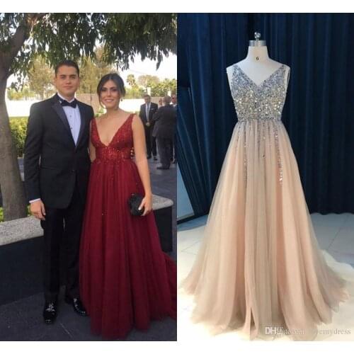 Sparkly Deep V neck Pearls Champagne 2021 Pageant Prom Dress Wine Red Cheap Long Backless See Through Beaded Backless Tulle Even