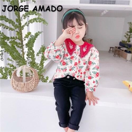 2021 New Spring Korean Style Kids Girls Shirts Floral Embroidery Collar Blouses Sweet Style Children Clothes E3028
