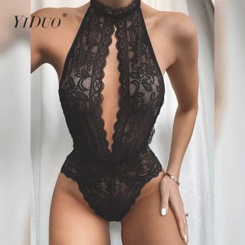 YiDuo Summer Lace Bodysuit Women Floral Print Deep V Neck Sexy Bodysuit Backless Bodycon Jumpsuit Female Halter Black Bodysuits