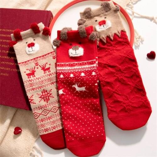 Caramella 3 Pairs/Lot Winter Socks Soft Cotton Socks Women Christmas Gift for Girl Women Elk Style New Year Gift Pack