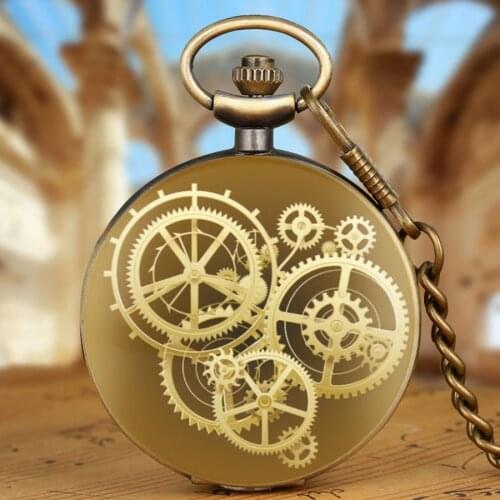 FOB Chain Watches Antique Bronze Wheel Gear Quartz Pocket Watch Hour Clock Steampunk Men Women Necklace Watch Collectibles reloj