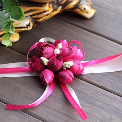 DIY 100Pcs Bride Wrist Flower Wedding Boutonniere Wine Red Rose Groom Groomsman Artificial Corsage Suit Decorative Accessories