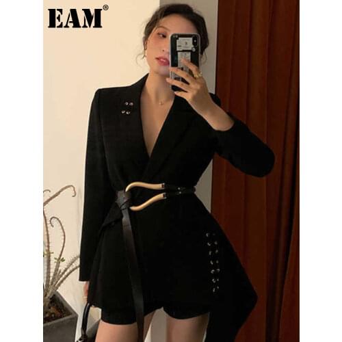 [EAM] Women Black Brief Irregular Stitch Blazer New Lapel Long Sleeve Loose Fit Jacket Fashion Tide Spring Autumn 2021 1W494