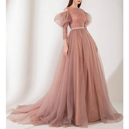 Elegant Long Sleeve Mermaid Dusty Pink Evening Dresses with Pleats Floor Length Zipper Back O-Neck Formal Party Gowns for Women