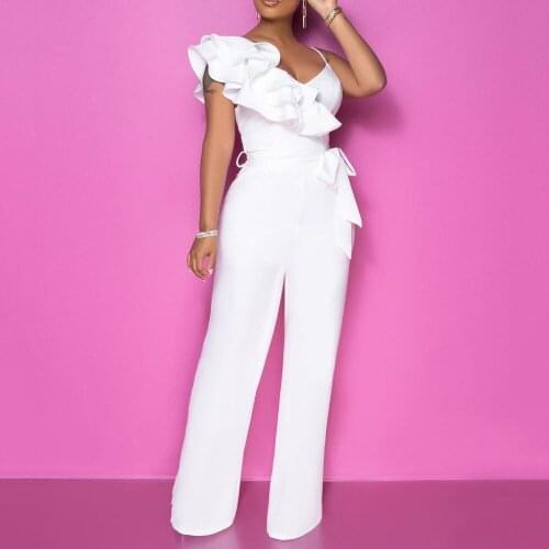 Elegant White Straps Jumpsuit Evening Wear For Women Ruffles Simple Pant Suits Evening Dress For Black Girls Prom Party 2021