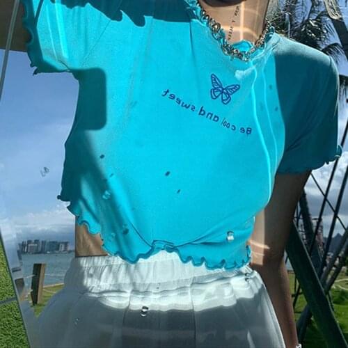 Summer Korean y2k top butterfly graphic and letter print stitching blue Grunge style o-neck short sleeve t-shirt