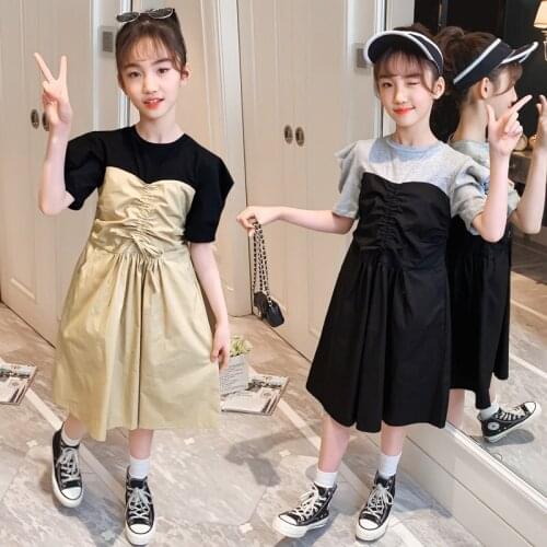 Teen Girls Dress Spring Summer Patchwork Short Sleeve Drawstring Dresses Cotton for Girls Clothes Kids Costume 6 8 10 12 13Years