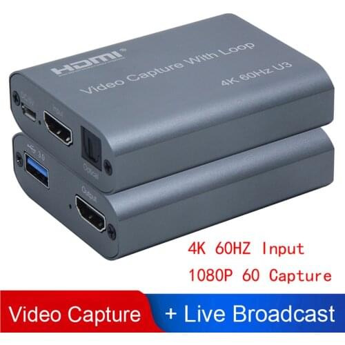 4K 60HZ USB 3.0 Loop Out Audio Video Capture Card 1080P 60fps HDMI Video Grabber Box for PS4 Game Camera Recorder Live Streaming