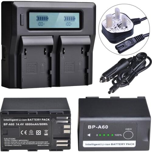 2Pc 6800mAh BP-A60 Battery +LCD Dual Charger for Canon BP-A60 BP-A65 BP-A90 BP-A30 US 0870C002 Battery, EOS C200, EOS C200B, EOS