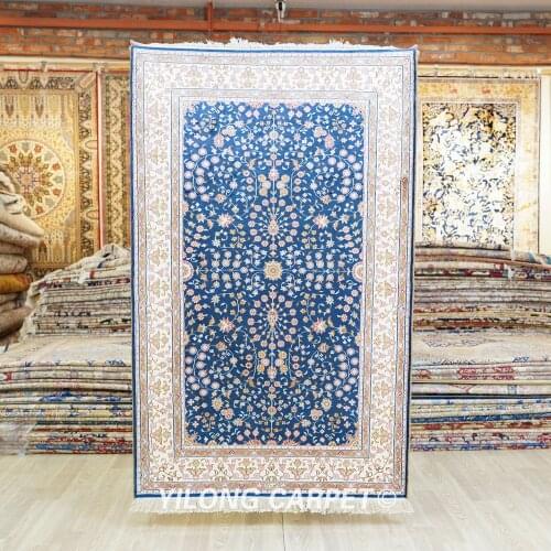 YILONG 3'x5' Tabriz silk carpet hand knotted silk blue exquisite quality handmade rugs (HF225B)