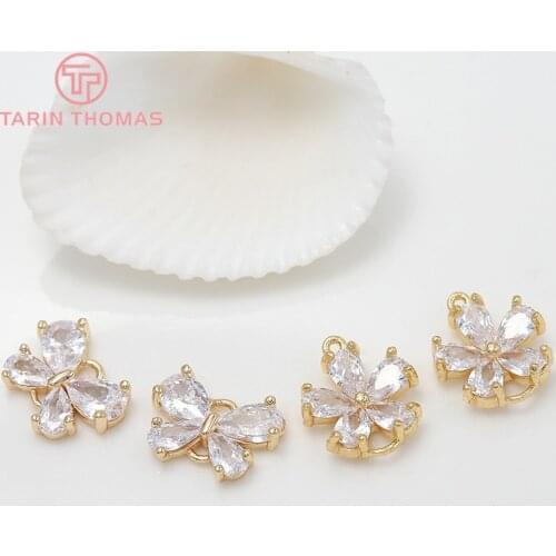 4PCS 10x13MM 24K Gold Color Brass with Zircon Butterfly Flower Charm Pendants for DIY Jewelry Making Findings Accessories