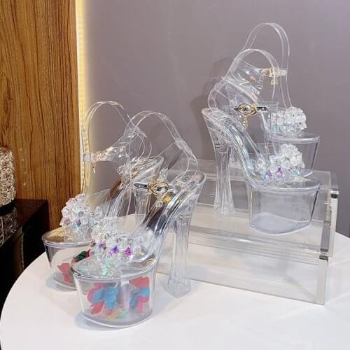 Summer Crystal String Bead Transparent High Heels Platform Sandals Women 2020 New Eur Size 34-43 Flower Thick Heel Shoes WS313