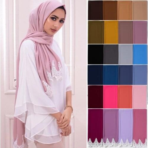 Trendy Plain Bubble Heavy Chiffon Hijab Scarf Wrap with White Embroidered Lace Solide Color Shawl Headband Muslim Hijabs Scarves