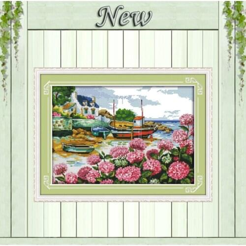 Beautiful seaside flower diy painting counted print on canvas DMC 14CT 11CT chinese Cross Stitch Needlework Sets Embroidery kits
