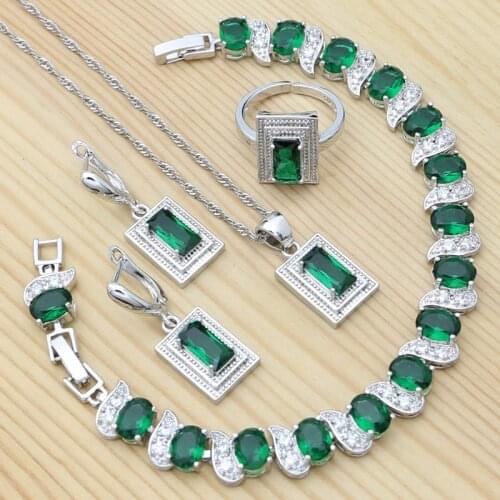 925 Silver Bridal Jewelry Set for Women Wedding Green Cubic Zirconia Pendant Chain Bracelet Earring Ring Set