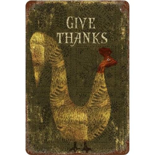 No Brands Vintage Retro Metal Tin Sign Wall Decor Art Give Thanks Rooster Turkey Fowl Thanksgiving Poster Pattern Home Decor