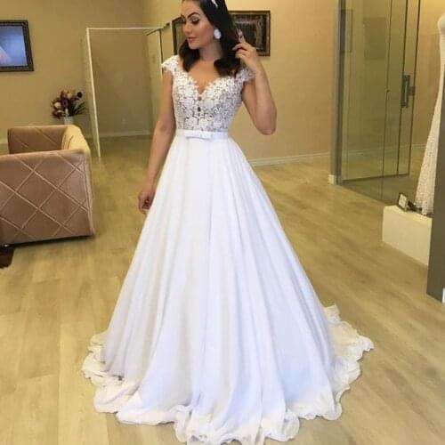 New Wedding Dress 2020 Cap Sleeve A-Line Chiffon Appliques Lace Princess Bride Dress Wedding Gown Custom made robe de mariee