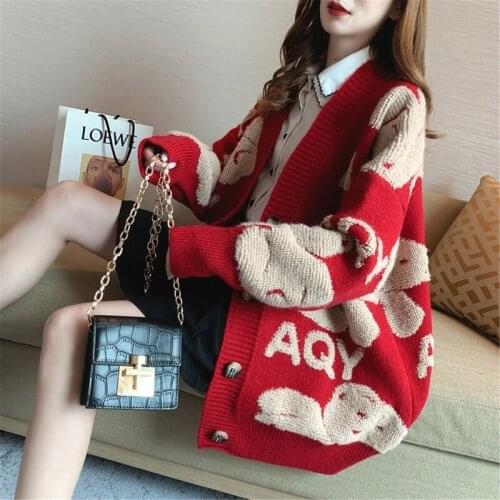 Womens Autumn Cardigan 2020 Autumn Winter New Knit Femme Loose Sweater Coat Cute Cartoon Sheep Print V Neck Ladies Sweet Jacket