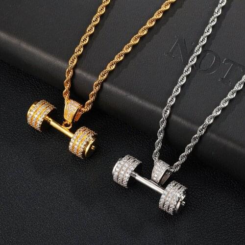 Karopel Hip Hop Dumbbell Pendant Necklace Mens Full Zircon Pendant Fashion With 60cm Rope Chain Jewelry Gift