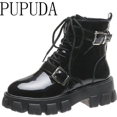 PUPUDA Platform Boots Women Black Leather Boots Women Classic Chunky Cowboy Boots For Women Casual High Top Shoes