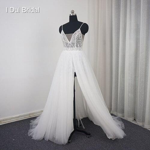 Spaghetti Strap Split Wedding Dress with Luxury Beading Tulle Layer Romantic