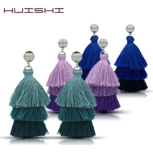 HUISHI EarringTassel Long Gradation Fashion Bohemian Fringed Earring Green Blue Silk Fabric Dangle Tassel Earrings For Women