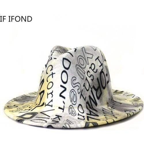 2021 Fashion Letter Printing Fedora Hat Women Wide Brim Panama Wool Felt Jazz Hats Autumn Winter Church Trilby Hats