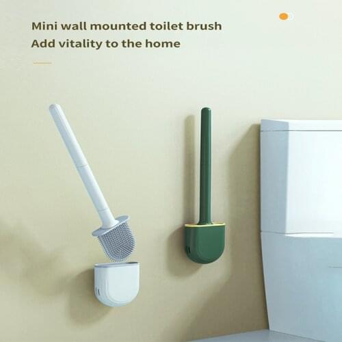 Silicone Toilet Brush With Base WC Flat Head Flexible Soft Bristles Brush With Quick Drying Holder Set Bathroom Accessories