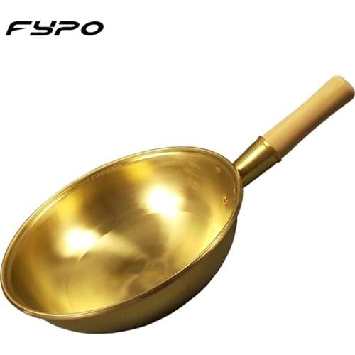 Fypo 100% Pure Copper Wok Pan Copper Pot Thickened Wooden Handle Frying Pan Brass Frying Pan Cookware Cooking Wok Copper Cooker