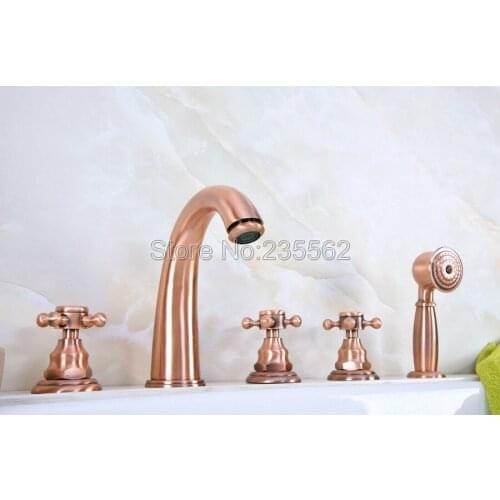 Antique Red Copper Widespread Roman Bath Tub Sink Faucet 5 hole basin faucet lna239