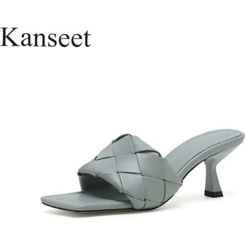 Kanseet Womens Slippers 2021 Summer Concise Square Toe Women Shoes Microfiber Leather Black Blue High Heels Female Footwear