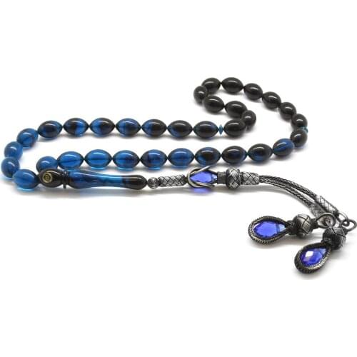 Tesbihane 1000 Sterling Silver Kazaz Tassels Barley Cut Cottage Blue Crimping Amber Prayer Beads