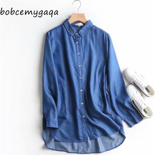 Women soft jeans long shirt boyfriend denim shirt long sleeves light blue casual tops turn down collar streetwear blouse cotton