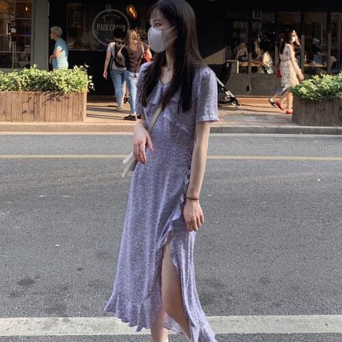 Korean Summer Ruffled Collar Little Floral Long Dress for Women Trendy Romantic School Girls' Skirt for Cansul Dating Best Gifts