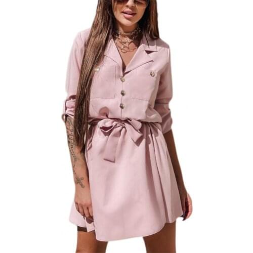 Office Solid Three-quarter Sleeves Dress Summer Double-Breasted Lapel Fit Belt Suit Dress Elegant Women Sexy Slim Fashion Dress