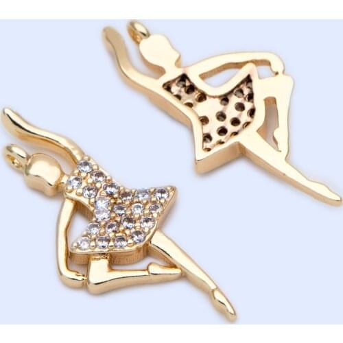 10pcs 18k Gold plated CZ Micro Paved Ballerina,Ballet Leap Dancer Charm, 22x10mm, girl charm (GB-1193)