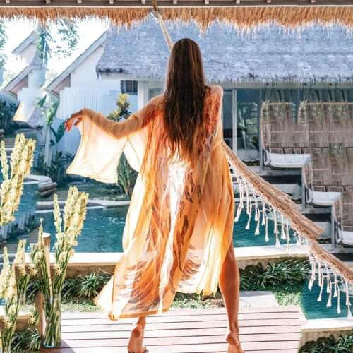 2021 Boho Feather Wings Bikini Cover-ups Plus Size Beach Tunic Women Summer Kimono Holiday Beach Dress Wear Swim Suit Cover Up