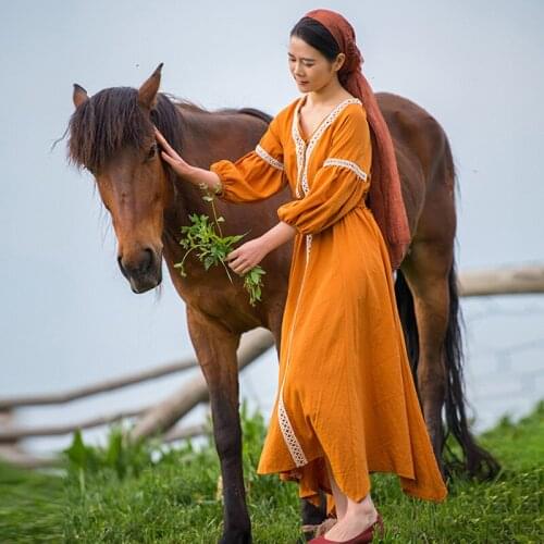 Free Shipping 2020 Fashion Women Long Mid-calf 3/4 Lantern Sleeve Spring And Summer Dress S-L Orange Cotton Bandage Vintage