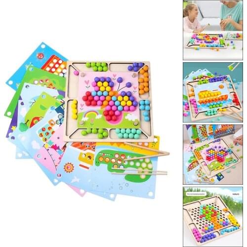 Wooden Board Bead Game Toy Puzzle Bead Board Games Wooden Beads Board Games Toy with Rainbow Beads, Clips