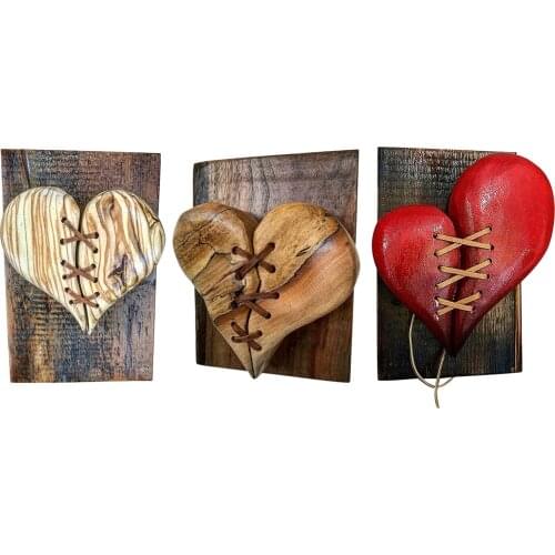 Wood Broken Heart, Leather Stitched Wooden Sculpture Wall Hanging Decor Home Ornaments, Decorative Art Sculpture Decoration